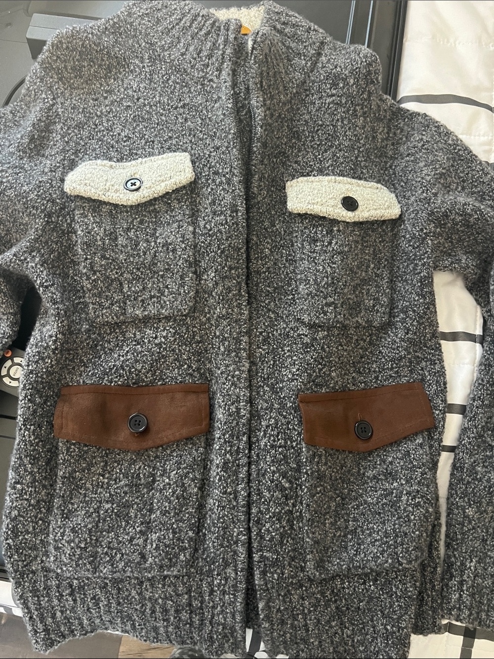 Robert Talbott Gray and Cream Bouclé Knit Sweater